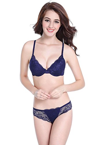 Nature Mujer Delgado De encaje Push Up 3/4 Taza de Sujetador y Bragas Conjuntos - (Azul ES-85A)