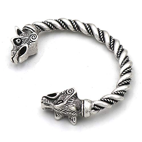 NICEWL Vikingo Odin Doble Lobo Cabeza Brazalete para Hombres, Mitología Nórdica Fenrir Celtic Nudo Retorcido Brazalete, Moda Ajustable Pulsera Pagana Amuleto Declaración Joyería,Plata