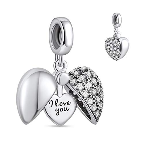 NINGAN “I Love You (te Quiero)” Corazón Abalorios Charm para Mujer Plata de Ley 925 Corazon Charm con 5A Circonita Compatible con Pulseras Europeo