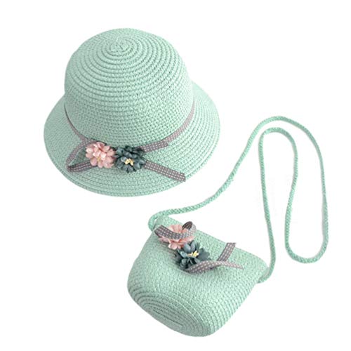 NUOBESTY Sombrero y Bolso de Paja, Flores Sombrero de Paja para El Sol Sombrero Playa Gorras Verano Sombrero Fiesta de té Billetera para Niñas de 3 a 12 Años (Verde Claro)