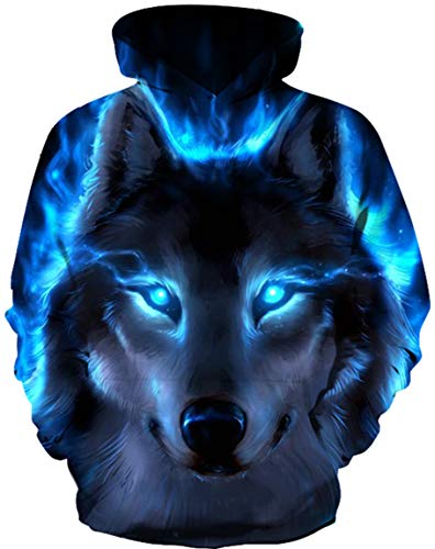 Ocean Plus Niño 3D Sudaderas con Capucha con Bolsillo Canguro Adolescente Sudadera Divertida Suéter Estampado Digital Hoodie (XXL (Altura: 145-155 cm), Lobo Negro de Ojos Azules)