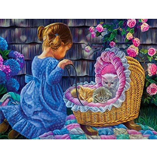 OsMei DIY Pintura de Diamante Tamaño Grande Niña y gato Taladro Completo Estrás Bordado Punto Cruz Artísticos Lienzo Mosaico Decor de Pared Diamond Painting Kit 5X1900-Diamante redondo,45x65cm