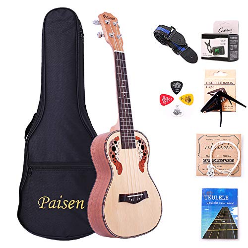 Paisen Panel de abeto ukelele de concierto de 23 pulgadas Hawaii Ukulele Hawaii Enviar con bolsa Sintonizador de bolsa Capo Selecciones de correa Juego completo de accesorios