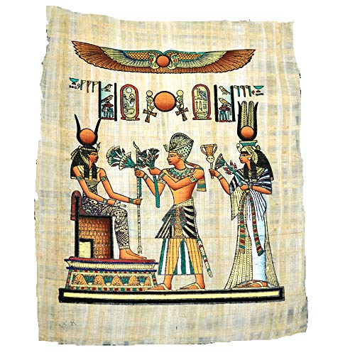 Papiro Original Hecho y Pintado en Egipto, Mide 33x43 cm Aproximadamente, representa a ISIS, Diosa del Amor recibiendo la Flor del Loto de la Mano de Ramsés II y Nefertari
