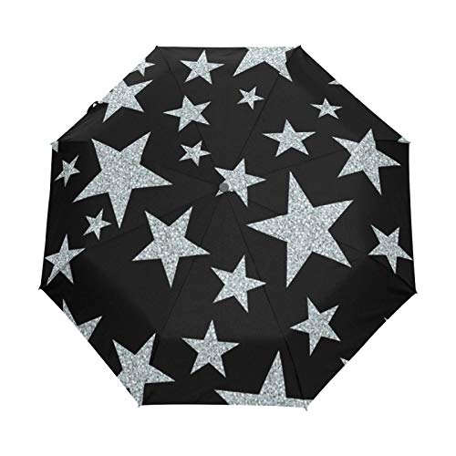 Paraguas de Viaje pequeño a Prueba de Viento al Aire Libre Lluvia Sol UV Auto Compacto 3 Pliegues Cubierta de Paraguas - Estrella de Patrones sin Fisuras