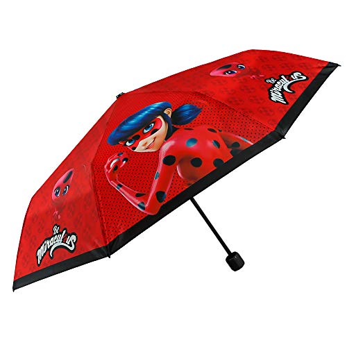 Paraguas Plegable Niña Miraculous Ladybug - Paraguas Infantil Lady Bug Antiviento - Rojo con Borde Negro - Seguro Resistente al Viento - Manual - PFC Free - 7 + Años - Diametro 91 cm - Perletti