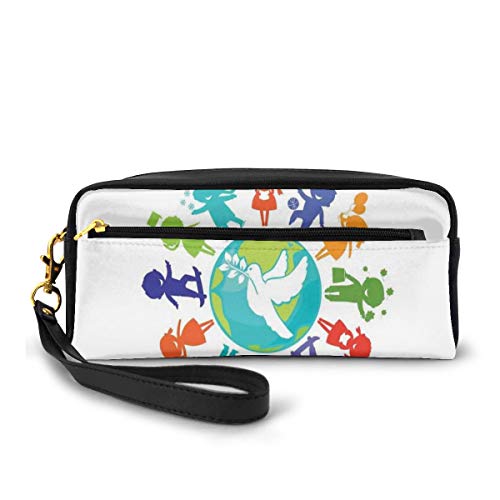 Pencil Case Pen Bag Pouch Stationary,Cute Children Silhouettes Around The World With Pigeon Symbol Of Peace Earth Planet,Small Makeup Bag Coin Purse