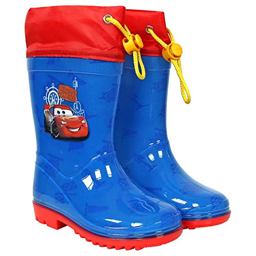 PERLETTI Botas de Agua Niño Disney Pixar Cars - Botines Impermeables Lluvia Rayo Mcqueen - Suela Antideslizante y Cierre con Cordón - Azul y Rojo - PVC (Azul, 30)