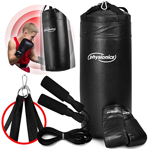 Physionics Set de Boxeo para Niños - Saco Relleno 13kg Ø30x70cm + Guantes 8oz + Cuerda + Correas + Mosquetón, para MMA Muay Thai Kick Boxing Artes Marciales, Negro/Rojo - Equipo Boxeo Infantil