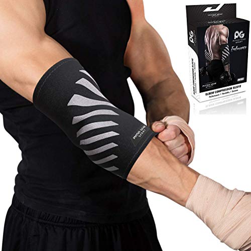 Physix Gear Sport Coderas Deportivas de Neopreno, Las Mejores Coderas epicondilitis para Hombre y Mujer, Coderas para tendinitis, Codo Golfista y Codo tenista, 1 Pack, M, Gris/Negro