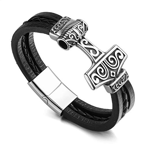 PiercingJak Pulsera de piel trenzada para hombre, cierre magnético, nudo celta, pulsera de piel, martillo de Thor, vikingo