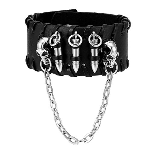 PiercingJak - Pulsera punk rock de piel para hombre y mujer, diseño de calavera con bolas de aleación, cadena gótica negra, brazalete grande, ajustable, fantasía, regalo