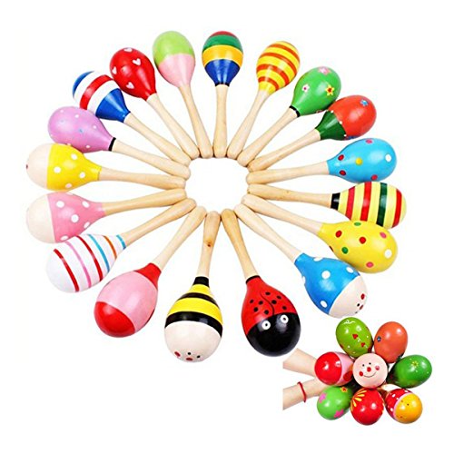 PIXNOR Maracas sonajero coctelera Musical juguetes de madera para niños 10 pcs (patrón de Color al azar)