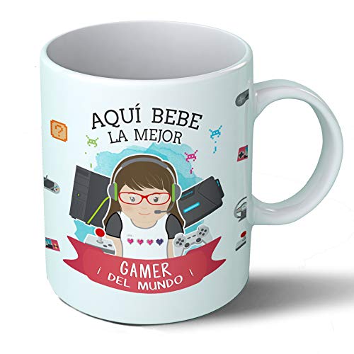 Planetacase Taza Desayuno Aquí Bebe la Mejor Gamer del Mundo Regalo Original Gamers Videojuegos Ceramica 330 mL