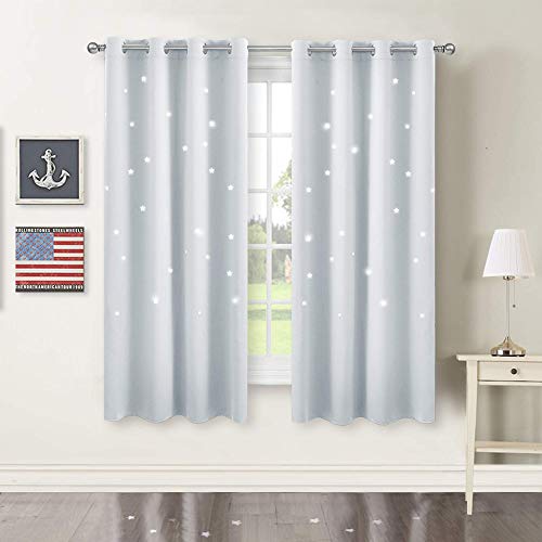 PONY DANCE Cortinas Dormitorio Modernas - Estrellas Decoración para Ventanas Habitación de Niños, 2 Paneles, 132 x 158 cm, Blanco Gris