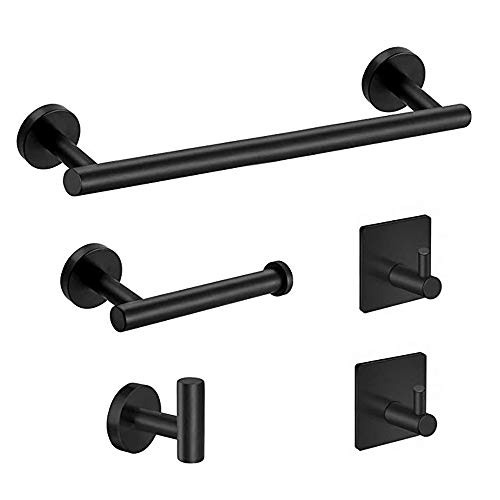 Powstro [5pcs] Juego de toallero de acero inoxidable, soporte de toalla de baño montado en la pared, 1 barra de toalla, 1 toallero de papel, 3 ganchos para albornoz, kit de accesorios de baño, negro