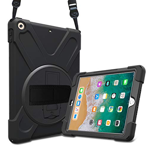 ProCase Bumper iPad 9,7" 2018 2017 Modelos Viejos, Carcasa Rugosa con Soporte Rotativo Asa de Mano Correa de Hombro, Funda Robusta Antichoque para iPad 9.7 6.ª 5.ª Generación -Negro