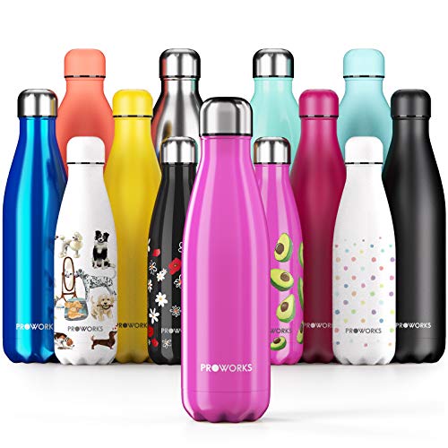 Proworks Botellas de Agua Deportiva de Acero Inoxidable | Cantimplora Termo con Doble Aislamiento para 12 Horas de Bebida Caliente y 24 Horas de Bebida Fría - Libre de BPA - 750ml – Rosa