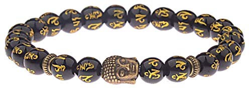 Pulsera de piedra Mujer, 7 Chakra Perlas de piedra natural Agate Brazalete Elástico Brazalete Negro Pulsera Lucky Runes Antiguo Bronce Buddha Joyería para Mujeres Hombres Cumpleaños Pulsera de piedra