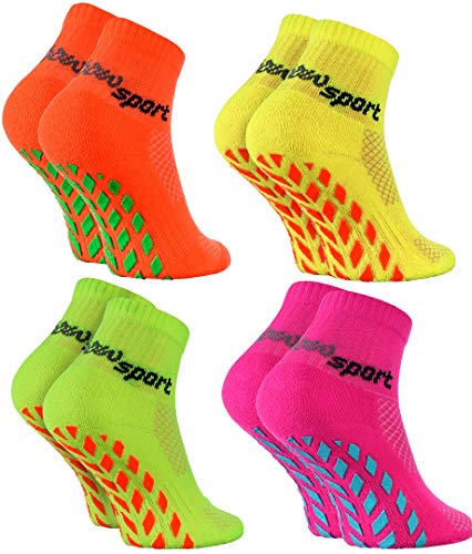 Rainbow Socks - Niñas Niños Calcetines Antideslizantes de Deporte - 4 Pares - Naranja Verde Amarillo Rosa - Talla 24-29