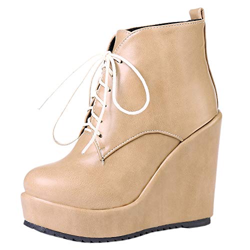 RAZAMAZA Mujer Cómodo Tacón de Cuña Botas de Tobillo Cordones Tacón Alto Fiesta Vestido Botines Plataforma Otoño Zapatos Beige-Jm Size 35 Asian