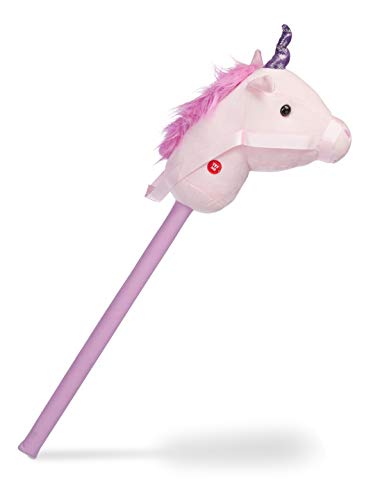 Relaxdays Caballito de Palo Unicornio, Caballo Juguete con Sonido, Madera-Peluche, Relincha y Galopa, 1 Ud, 74 cm, Rosa, Color, estándar (10023852)