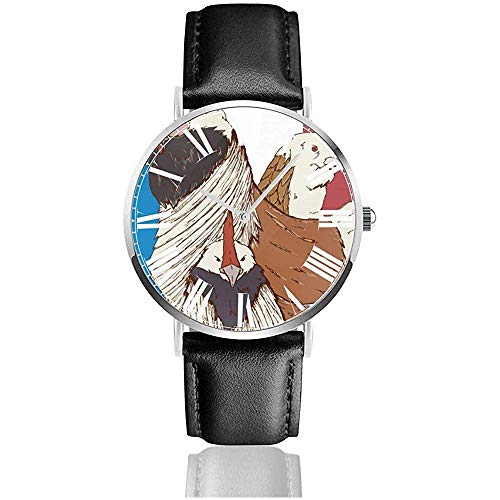 Reloj de Pulsera Three French Hens Classic Casual Quartz Black Leather Strap Watch