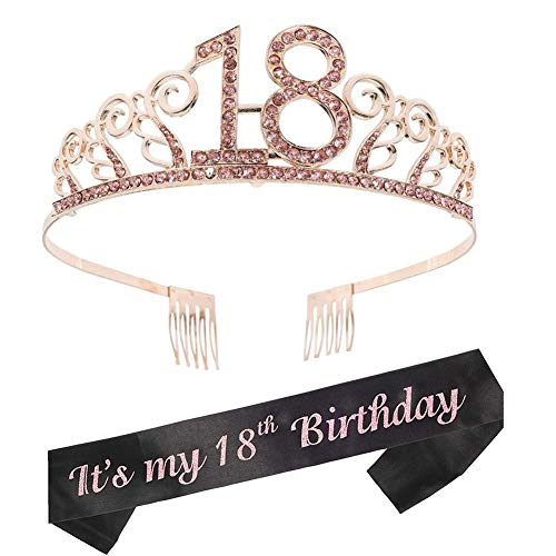 Rosado Gold 18 Crown Headband 18 Birthday Tiara Rhinestone Women Crystal Crown with Combs for 18th Birthday Gift Party Accessories with It's my Birthday Sashs