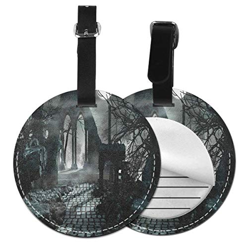 Round Travel Luggage Tags,Full Moon Over Medieval Building Ruins At Night Dark Scary Backdrop Middle Ages Image,Leather Baggage Tag