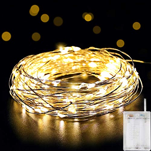 Salcar Guirnalda de luces funciona con pilas, Blanco Cálido Luz Plata Alambre Cadenas 10 m 100 ledes para dormitorio Navidad Celebración Boda Decoración