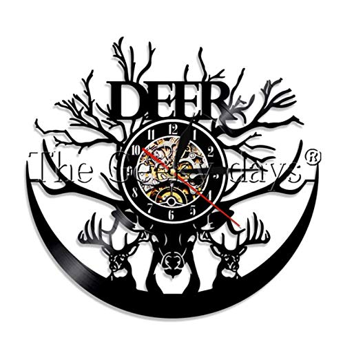 SexyGF Reloj de Pared de viniloWoodland Deer Hunter Vinyll Reloj Bosque Wild Deer Antlers Deer Head Animall Reloj Decoración para el hogar Regalo de Cazador 30cm