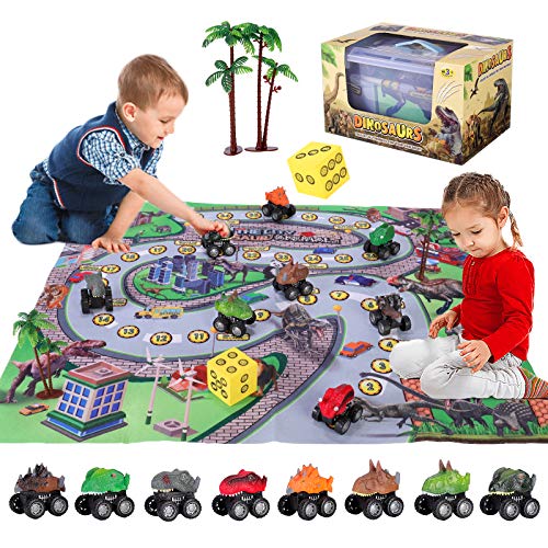 SHANNA Juguete Dinosaurio, Dinosaurio Coche Figuras Dinosaurios Juego Educativo Dinosaurios con tapete para Juego Dinosaurios para niños niñas, cumpleaños (Juego Coches Dinosaurios)