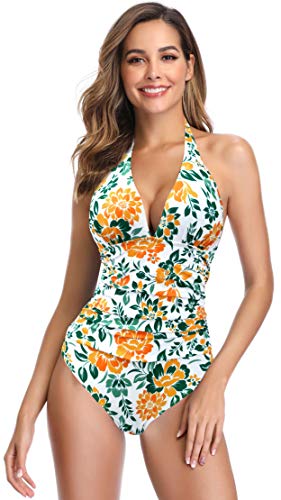 SHEKINI Siamés Halter Vendaje de Las Mujeres Sexy Profunda V Imprimir Push up Set Traje de baño de Hoja de Flores Conjunto Ropa de Playa （L,Amarillo Y）