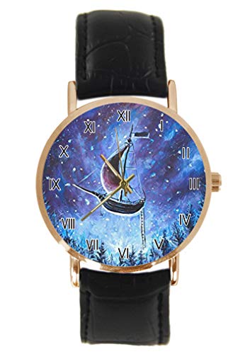 Ships in The Universe Reloj de Pulsera de Moda clásico Unisex analógico Cuarzo Acero Inoxidable Caja Correa de Cuero Relojes