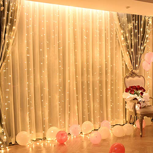 Silingsan Cortina de Luz, Cadena de Luces 600 LED 6 x 3M 8 Modos Impermeable Anticongelante para Bodas Fiesta Navidad Casa Interior Exterior Blanco Cálido