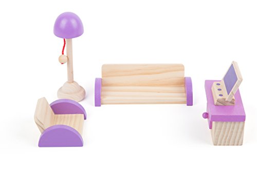 Small Foot 10870 - Mueble de Madera para salón en casa de muñecas, Incluye Sofá, Commodo, TV y lámpara, Apto para Doblar Accesorios de muñeca Ideales para niños a Partir de 3 años