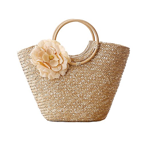 SODIAL Bolso de mano para mujer con tejido de paja, tejido de flores, verano, playa, mensajero, bolsa de mano, cesta, comprador, bolso