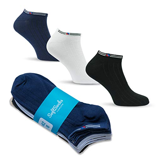 SoftSocks Calcetines SNEAKER clásicos para mujeres, hombres y adolescentes, ¡conjuntos negros, blancos y coloridos! Algodón rico! 6 pares en el set (2 negro, 2 azul, 2 blanco, 43-46)