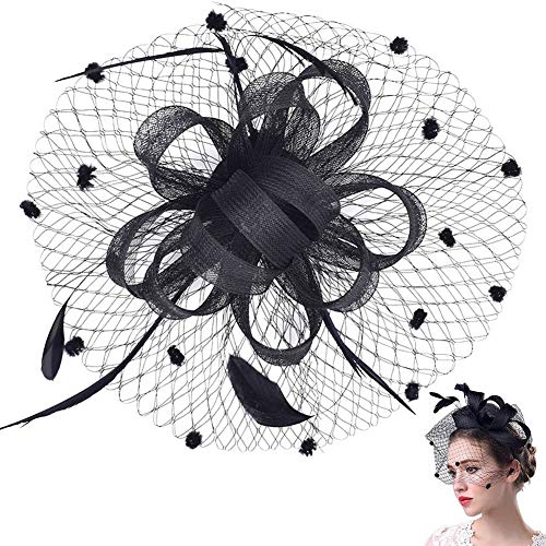  Sombrero Pluma Malla,INTVN Sombrero Tocado Pelo Elegante Pluma Clip Hat Boda Coctel Malla Neto Velo Diadema para Mujer