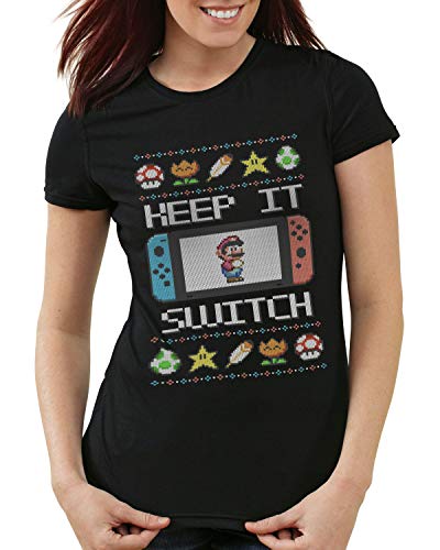 style3 Keep it Switch Suéter de Navidad Camiseta para Mujer T-Shirt Lite T-Shirt Ugly Sweater x-mas SNES, Talla:L