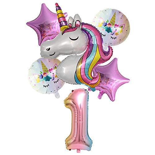 SUNSHINETEK Juego de Unicornio para el Primer cumpleaños, Decoraciones para el Primer cumpleaños de la niña, 32 Pulgadas, número 1, Globos con Cabeza de Unicornio, Globos de Papel de Aluminio para