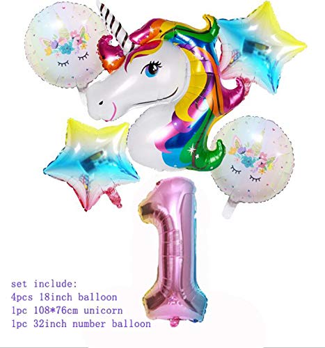 SUNSHINETEK Juego de Unicornio para el Primer cumpleaños, Decoraciones para el Primer cumpleaños de la niña, 32 Pulgadas, número 1, Globos con Cabeza de Unicornio, Globos de Papel de Aluminio para