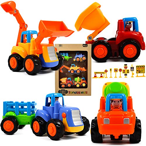TANDESKIDS Set 4 Tractores Multicolor - Coches Y Camiones De Juguetes - 10 Señales De Tráfico Educativos - Pack de 4 Mini Cars - Tractor Y Vehículos De Fricción