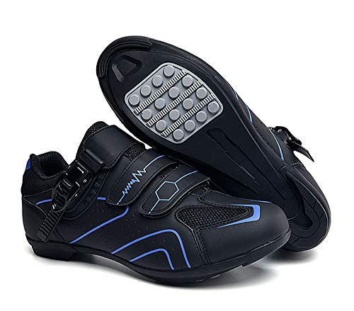 tangjiu Zapatillas de Ciclismo Antideslizantes, Zapatillas de Bicicleta de Carretera y Montaña de Fibra de Carbono Transpirables, Zapatillas Deportivas Asistidas con Tiras Reflectantes (Azul,44)