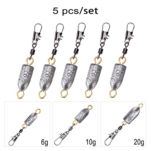 Tbest 5 Pcs Pesas de Pesca Plomos de Plomo Bala Platinas de Plomo Rolling Swivel con Conector de Enclavamiento a Presión 6g / 8g / 10g / 20g(20g)