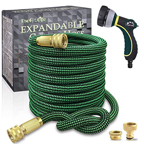TheFitLife Expandable Garden Hose Pipes - 2020 Upgrade Model 13-Layer Latex Inner and Solid Brass Fittings EU Standard 3 Times Expanding Kink Free Easy Storage Flexible Hose Nozzle Contains (30)
