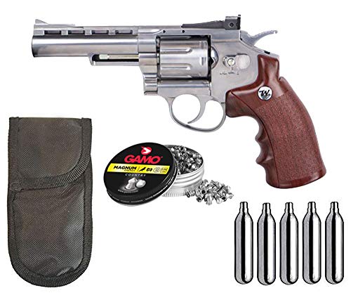 Tiendas LGP- Winchester, Revólver 4,5 Special, de Aire Comprimido (CO2) Full Metal, Revolver co2, Potencia de 3,5 Julios, Calibre de 4,5 mm + Funda portabombonas + 250 Balines + 5 Bombonas CO2