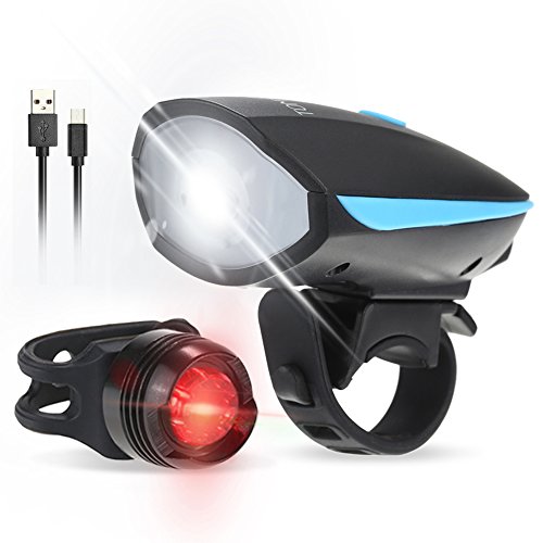 Tomshine Luz Bicicleta LED USB, Super Brillante LED Luz Delantera de la Bici y Luz de la Cola, 250LM 120dB Altavoz USB Recargable Impermeable Luces Ciclismo