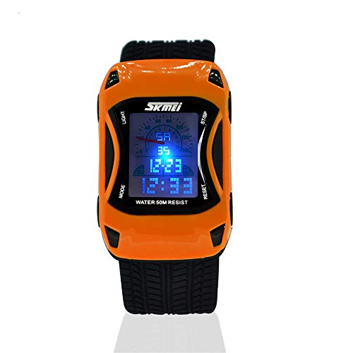 TONSHEN Relojes Deportivo para Niño Múltiples Colores LED Luz Impermeable 50M Resistente al Agua Digital Electrónica Multifuncional Militar Plastico Cartoon Reloj de Pulsera y Goma Correa (Naranja)