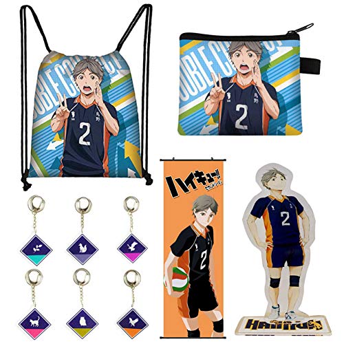 UCAI Haikyuuu!! Juego de regalo, Sugawara Koushi, 1 mochila con cordón, 1 monedero, 1 figura de acción, 1 póster largo, 6 llaveros, para fans del anime